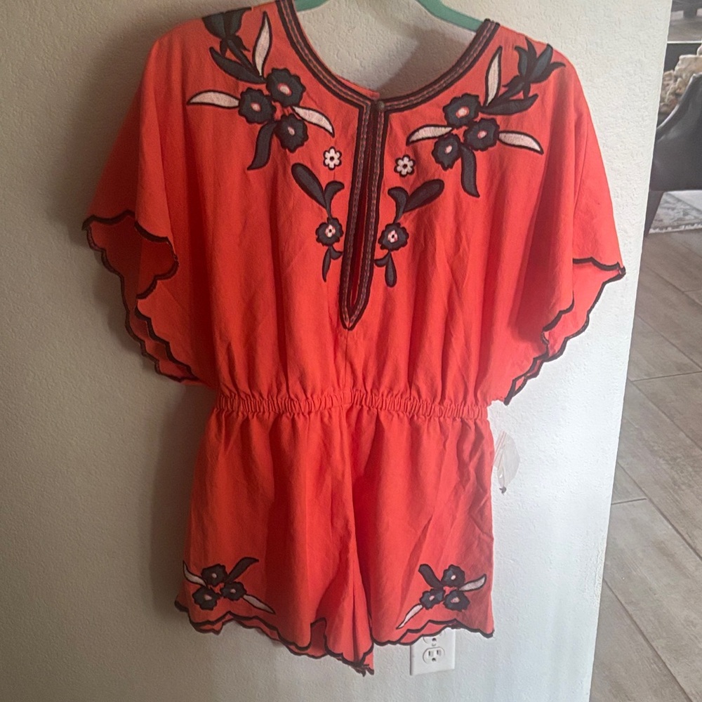 Free People Orange Floral Embroidered Romper